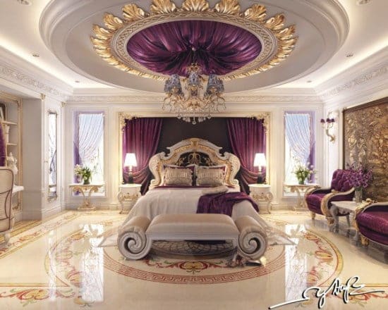Υπνοδωμάτιο πολυτελείας και χλιδής. Ο ύπνος είναι σίγουρα βασιλικός. Μοβ αποχρώσεις και φύλα χρυσού.