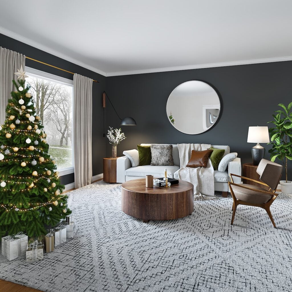 πράσινο χριστουγεννιάτικο δέντρο σε καφέ ξύλινο τραπέζι
