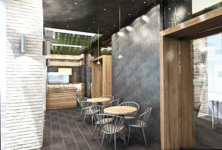 Διακόσμηση Αρτοζαχαροπλαστείο - Cafe "Lia's house" Παρουσίαση Ποικίλες υφές και οι χρωματικές αντιθέσεις με βάση το ανοιχτόχρωμο ξύλο και το καφέ της σοκολάτας δημιουργούν βάθος όρασης και αίσθηση ενότητας. Ξύλινη πέργκολα στην οροφή γεμάτη με φυτά της τεχνικής Moss